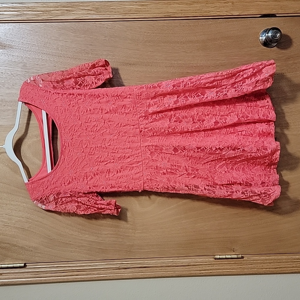 By and By Dress. Coral color with lace . Sheer sleeves.